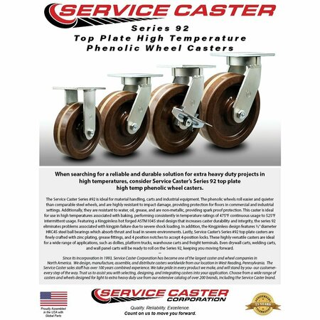 Service Caster 8'' Heavy Duty High Temp Phenolic Swivel Caster Set 2 Swivel Locks 2 Rigid, 4PK CRAN-SCC-KP92S830-PHRHT-BSL-2-R-2